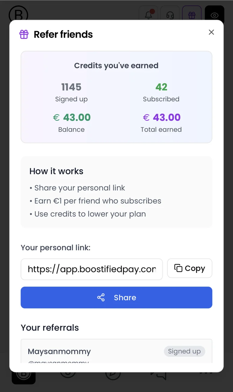 BOOSTIFIED – Skärmbild för betalning vid rekommendation som visar intjänade poäng och personliga delningsalternativ
